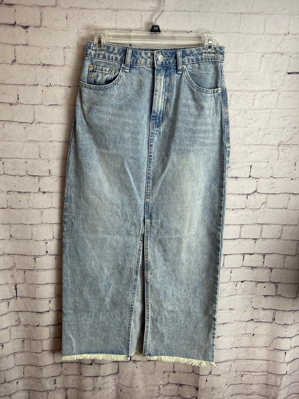 Mustard seed size small light wash long Jean skirt
